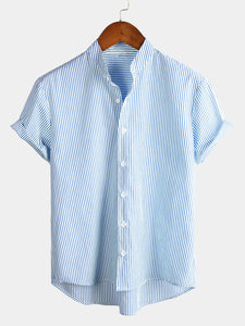 Men's Breathable Cotton Stand Collar Short Sleeve Striped Classic Shirts