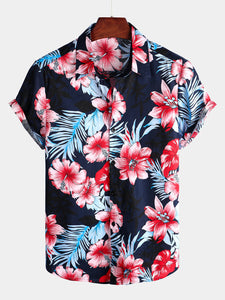 Men's Hawaii Tropical Plant Print Floral Cotton Shirt