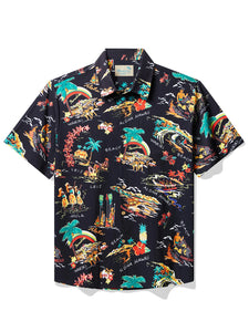 Customized Hawaii Japanese Style Poster Print Men's Hawaiian Shirt Stretch Pocket Camping Shirt Big Tall