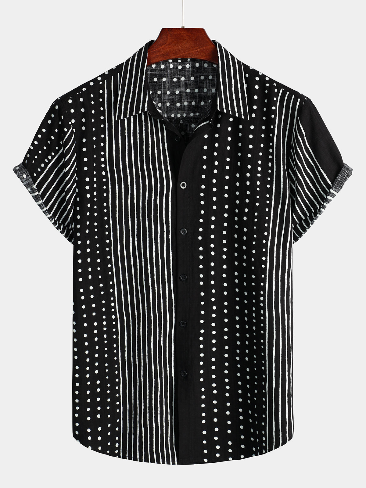 Men's Retro Black Striped and Polka Dot Button Up Short Sleeve Shirt