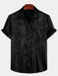 Men's Summer Jacquard Casual Button Up Pocket Floral Short Sleeve Beach Shirt