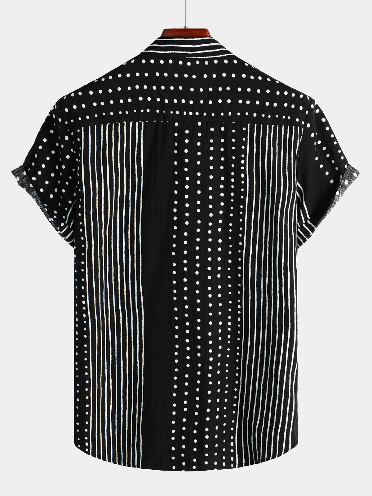 Men's Retro Black Striped and Polka Dot Button Up Short Sleeve Shirt