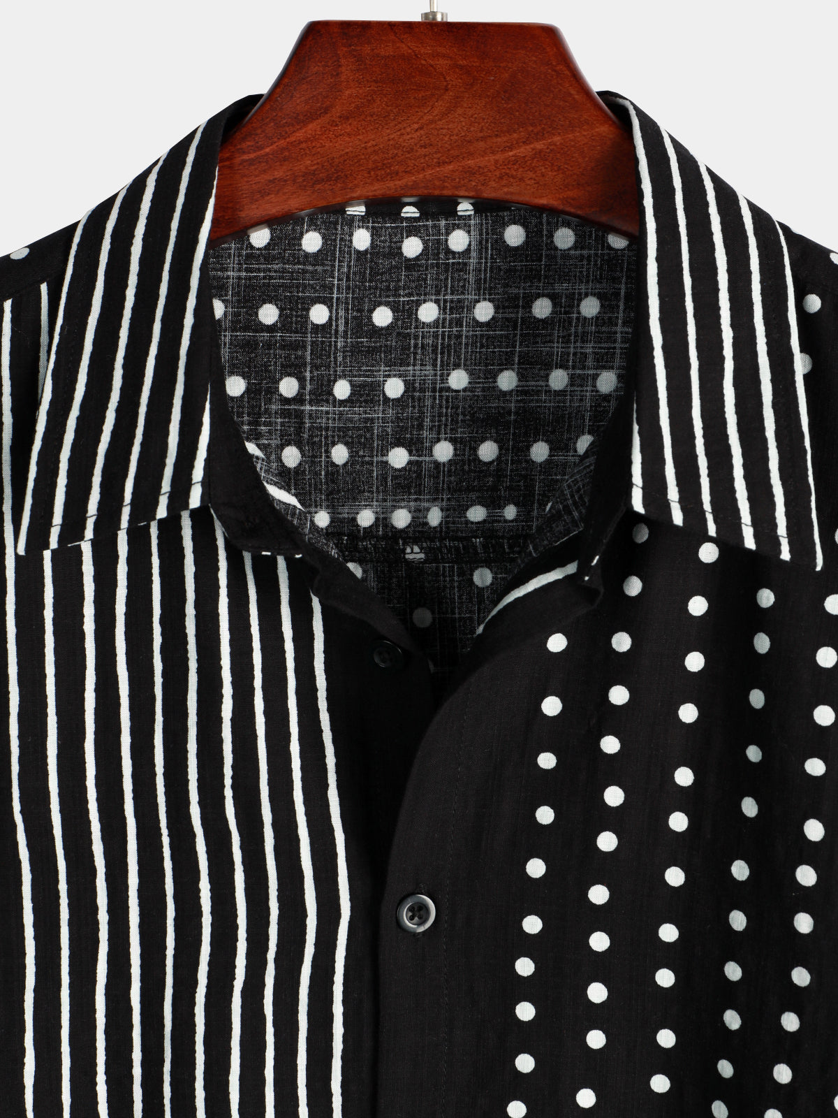 Men's Retro Black Striped and Polka Dot Button Up Short Sleeve Shirt