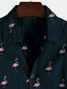 Men's Tropical Flamingo Animal Button Up Casual Hawaiian Holiday Short Sleeve Shirt