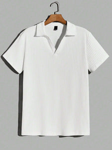 Men's V-neck Ribbed Knit Polo Shirt-Tomanvery