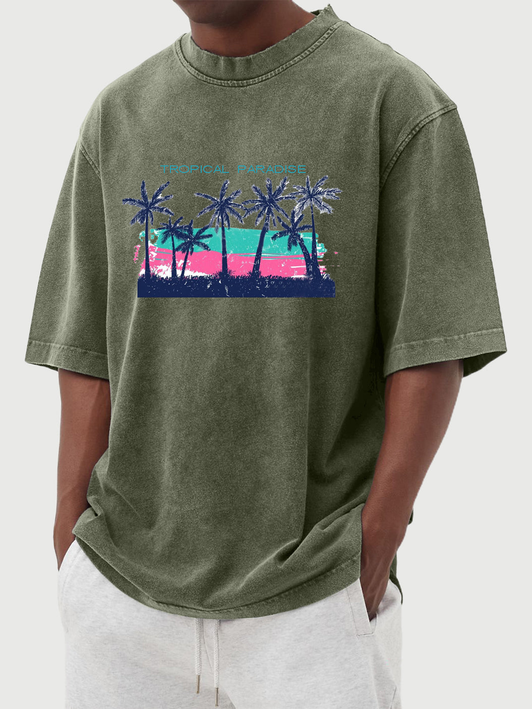 Tropical Palm Tree Print Washed And Distressed Cotton Short-sleeved T-shirt