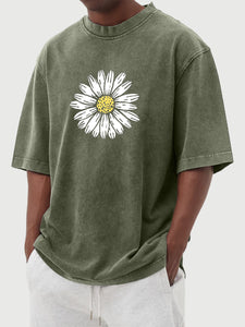 Daisy Print 230g 100% Cotton Washed And Distressed Short-sleeved T-shirt