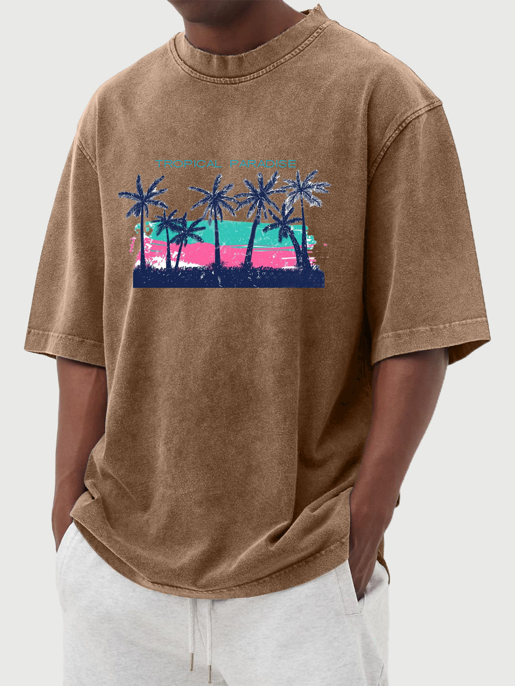 Tropical Palm Tree Print Washed And Distressed Cotton Short-sleeved T-shirt