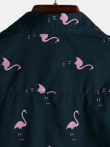 Men's Tropical Flamingo Animal Button Up Casual Hawaiian Holiday Short Sleeve Shirt