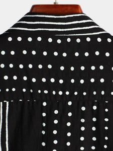 Men's Retro Black Striped and Polka Dot Button Up Short Sleeve Shirt