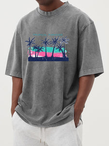 Tropical Palm Tree Print Washed And Distressed Cotton Short-sleeved T-shirt