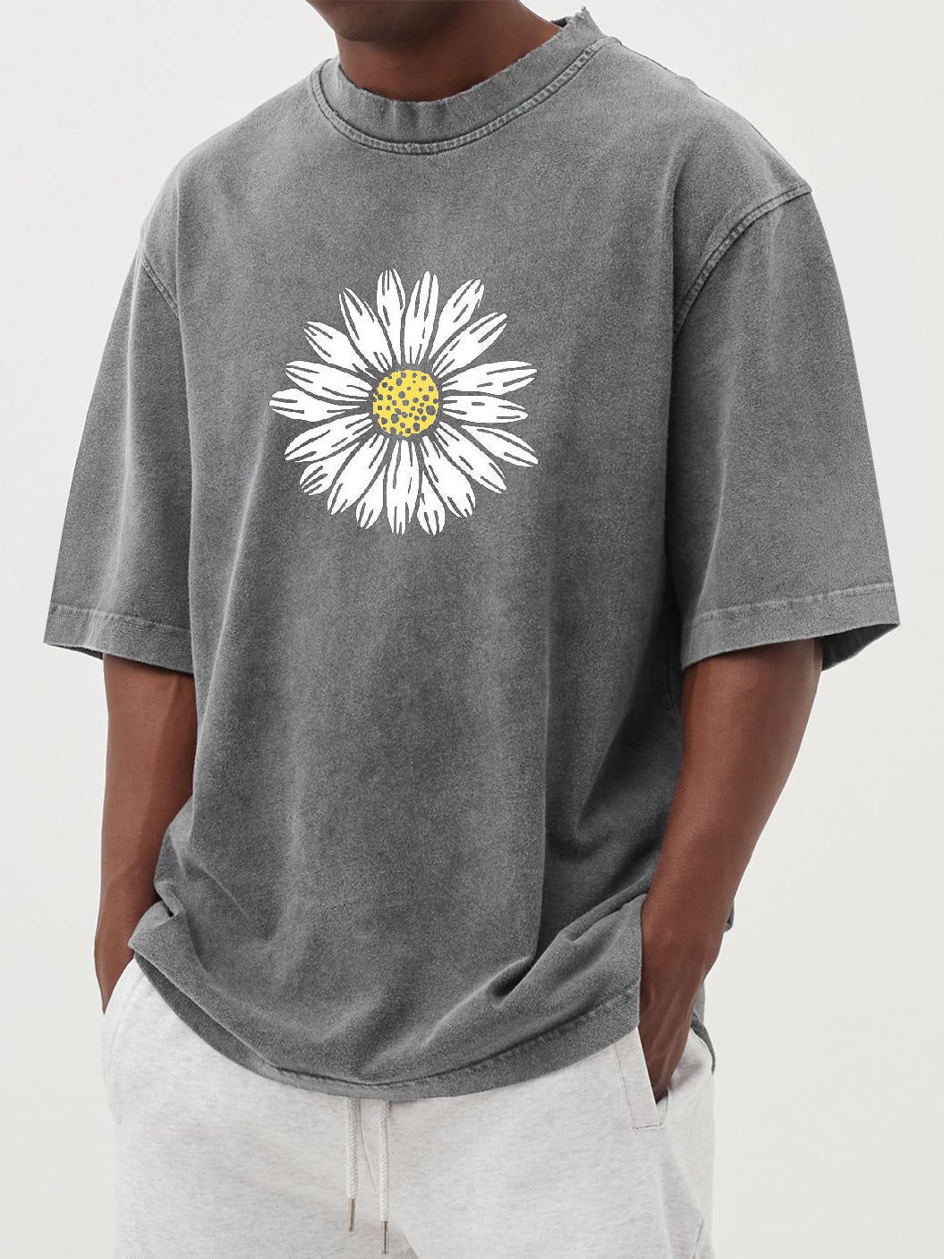 Daisy Print 230g 100% Cotton Washed And Distressed Short-sleeved T-shirt