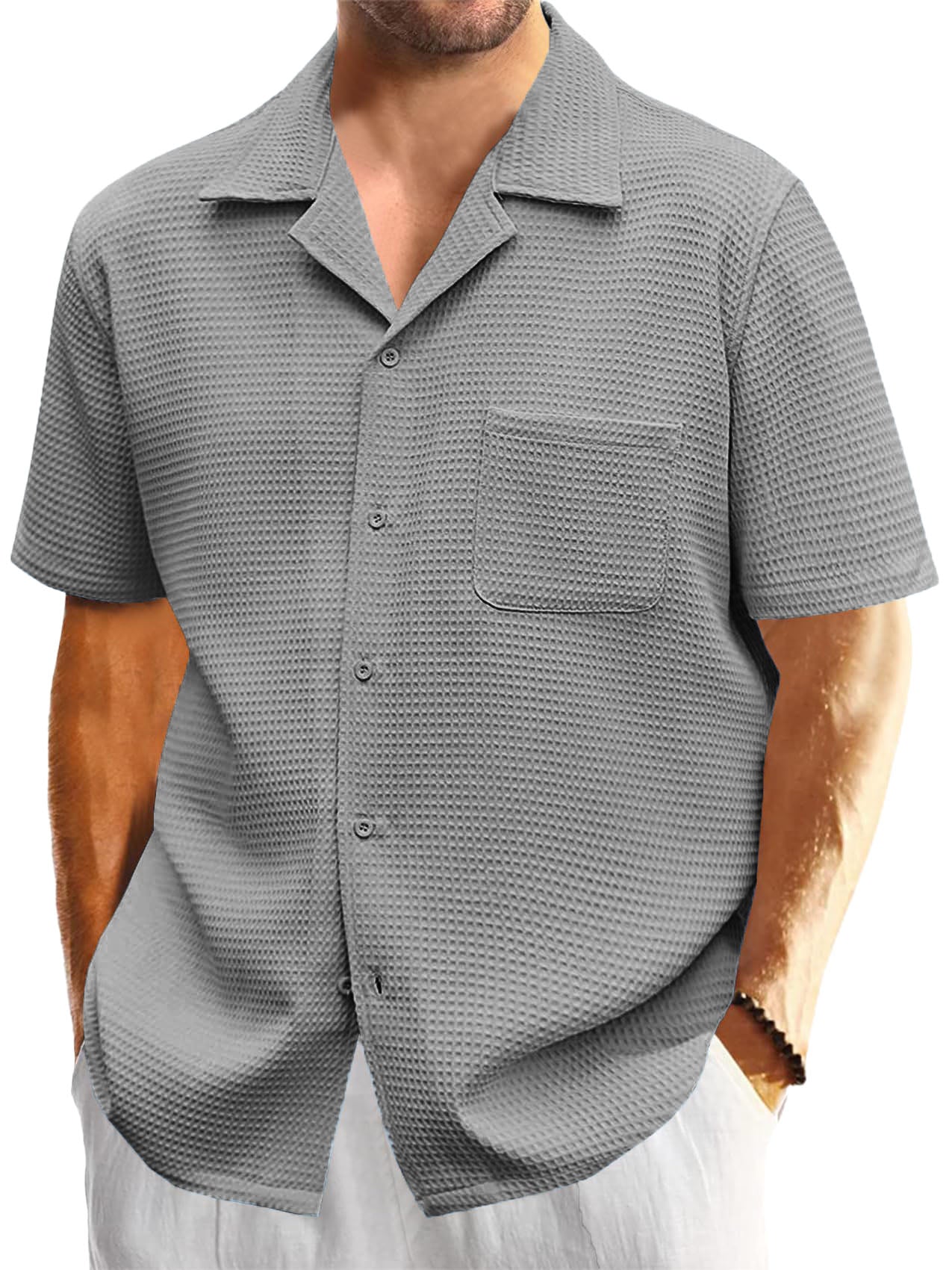 Men's Cuban Collar Waffle Basics Soft Comfort Everyday Casual Pocket Short Sleeve Shirt