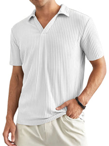 Men's V-neck Ribbed Knit Polo Shirt-Tomanvery