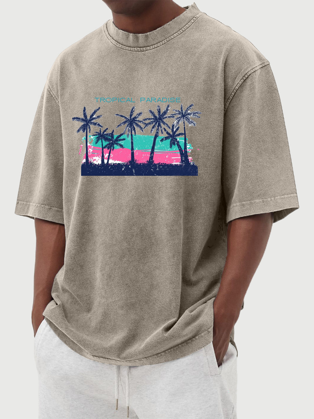 Tropical Palm Tree Print Washed And Distressed Cotton Short-sleeved T-shirt