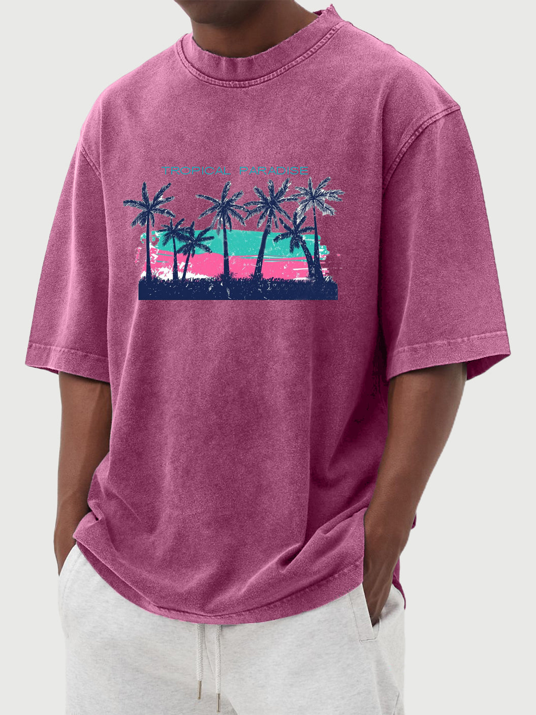 Tropical Palm Tree Print Washed And Distressed Cotton Short-sleeved T-shirt