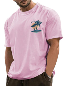 Men's Pure Cotton Basic Casual Simple Palm Tree Print Comfortable Short-sleeved T-shirt