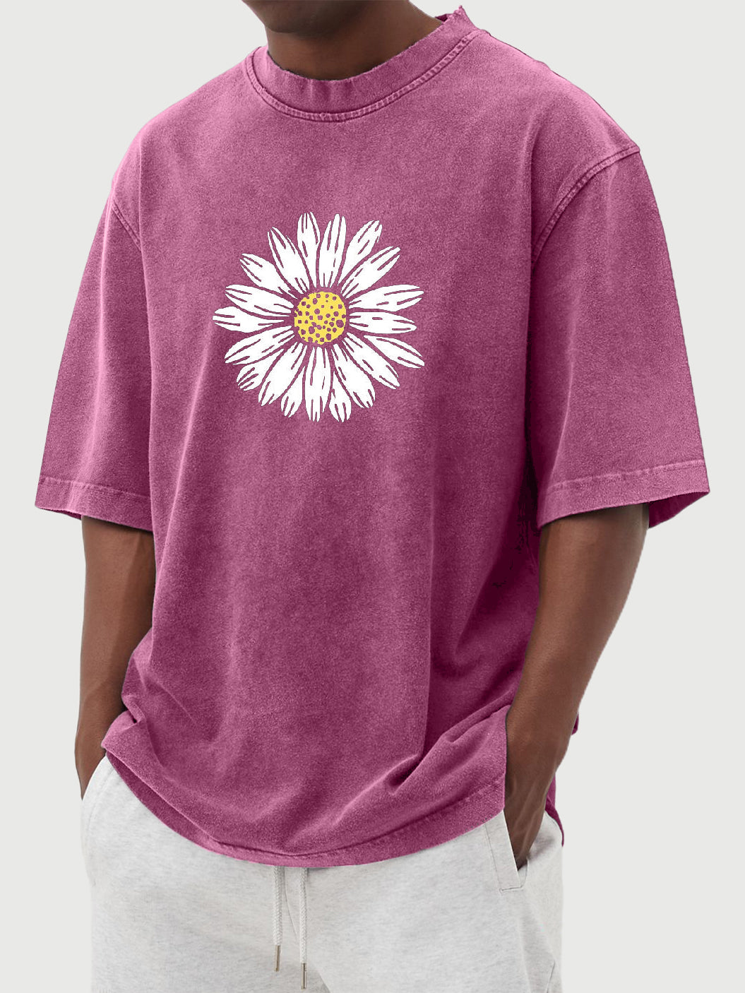 Daisy Print 230g 100% Cotton Washed And Distressed Short-sleeved T-shirt