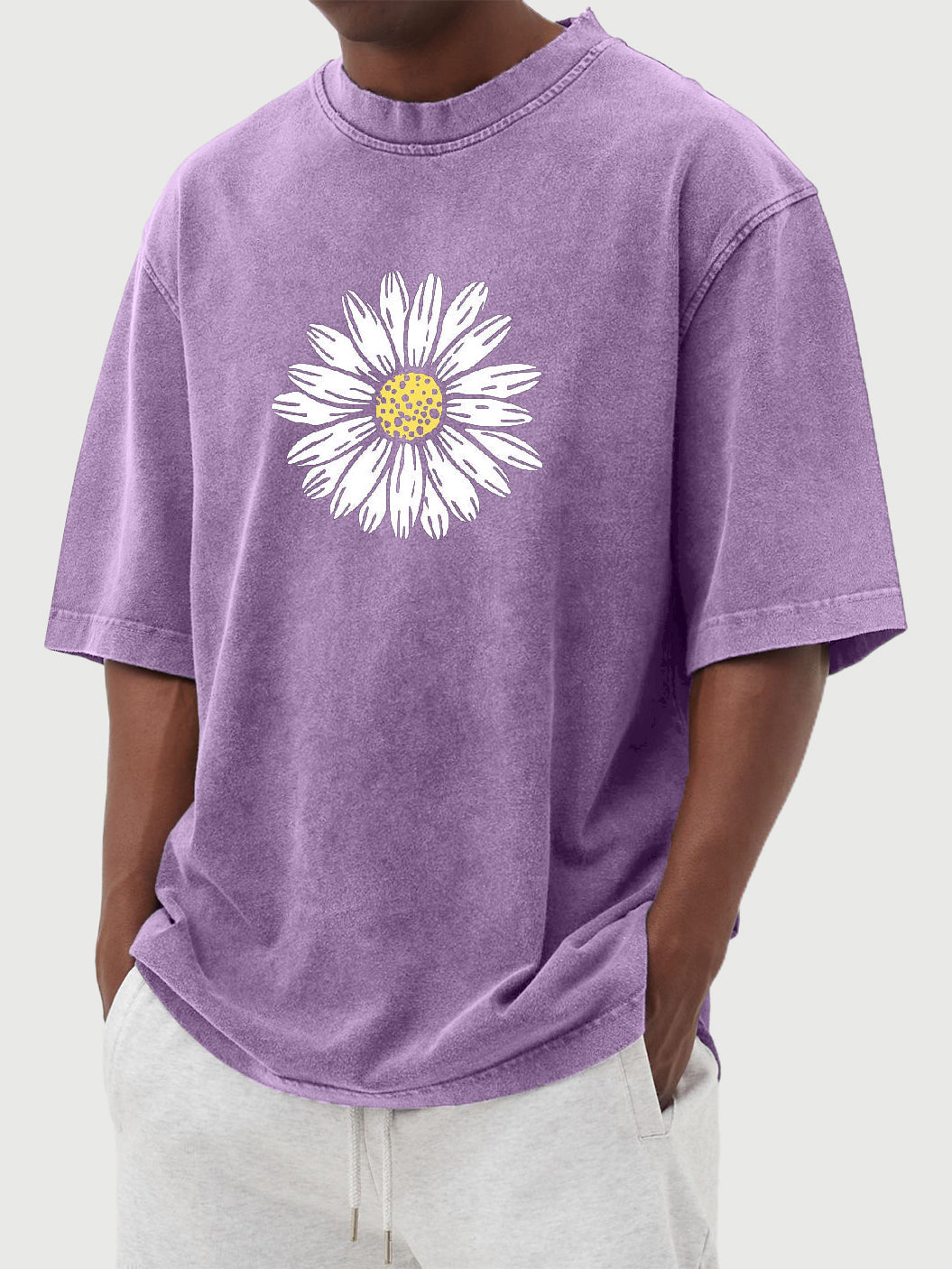 Daisy Print 230g 100% Cotton Washed And Distressed Short-sleeved T-shirt