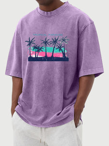 Tropical Palm Tree Print Washed And Distressed Cotton Short-sleeved T-shirt