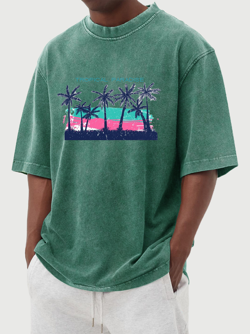 Tropical Palm Tree Print Washed And Distressed Cotton Short-sleeved T-shirt