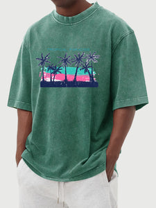 Tropical Palm Tree Print Washed And Distressed Cotton Short-sleeved T-shirt