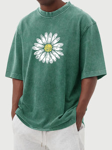 Daisy Print 230g 100% Cotton Washed And Distressed Short-sleeved T-shirt