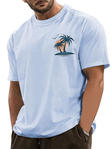 Men's Pure Cotton Basic Casual Simple Palm Tree Print Comfortable Short-sleeved T-shirt