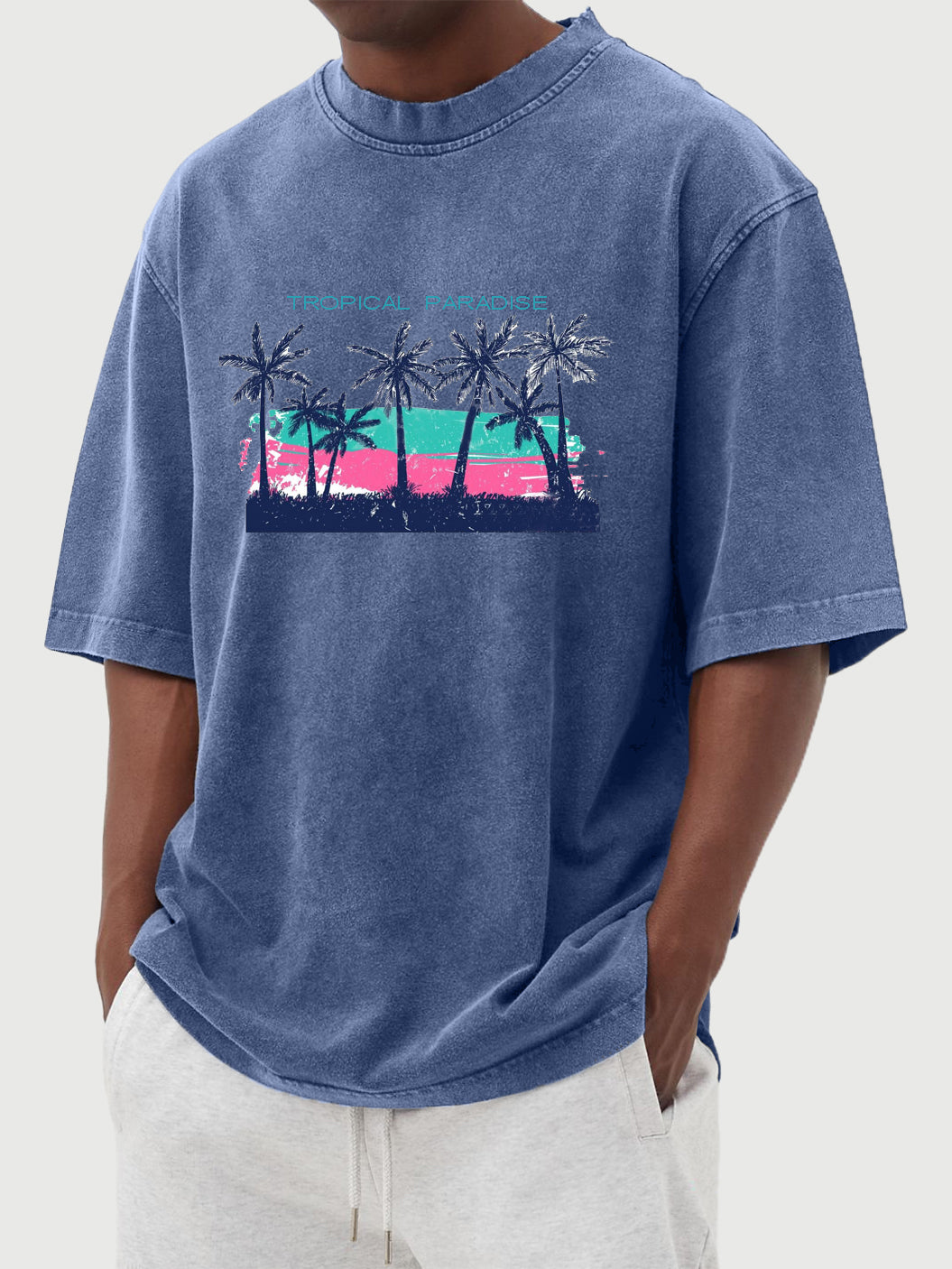 Tropical Palm Tree Print Washed And Distressed Cotton Short-sleeved T-shirt
