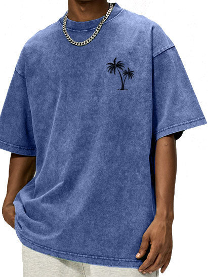 Men's Vintage Washed Cotton Palm Tree Print Short Sleeved Round Neck T-shirt