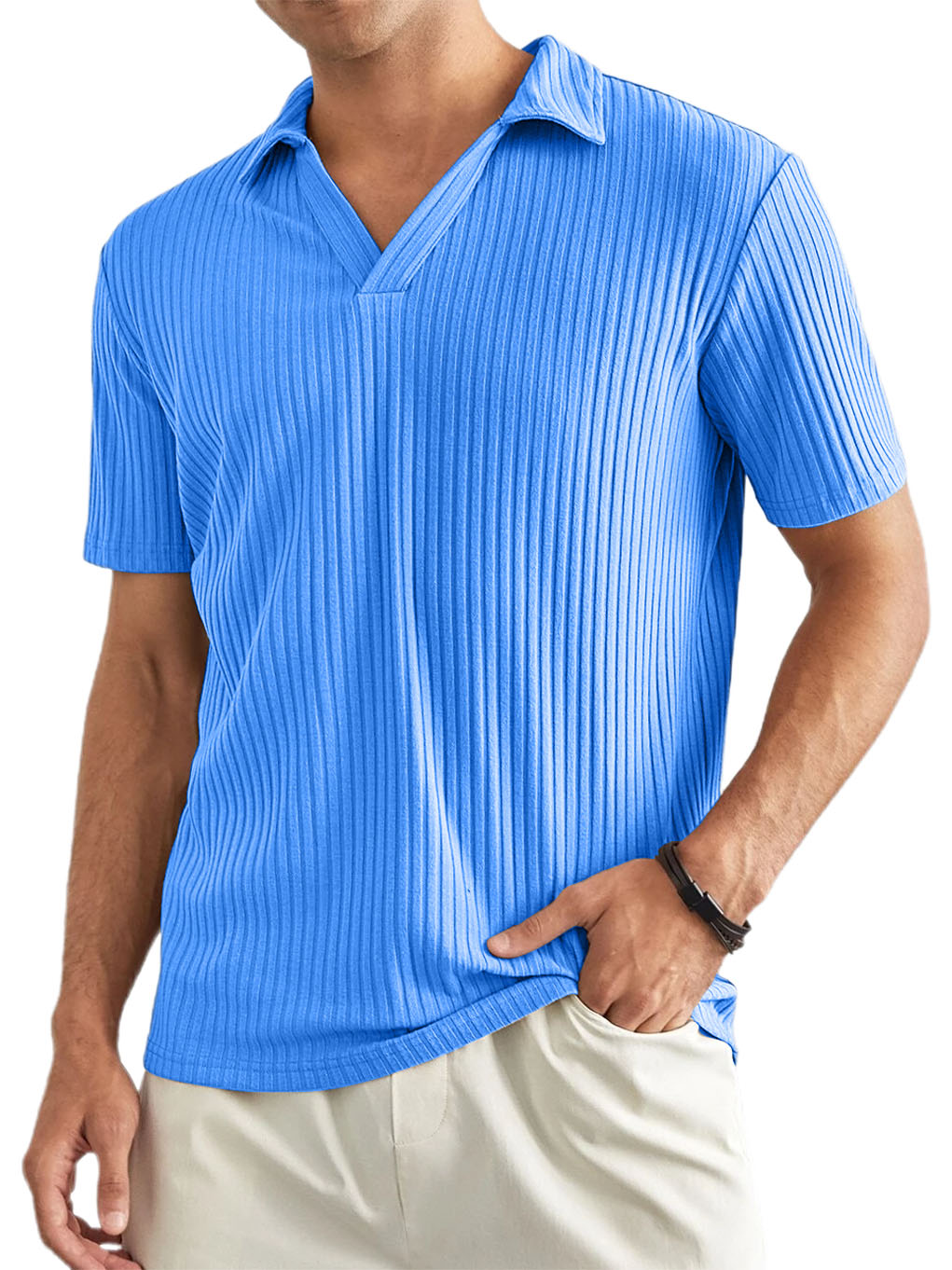 Men's V-neck Ribbed Knit Polo Shirt-Tomanvery