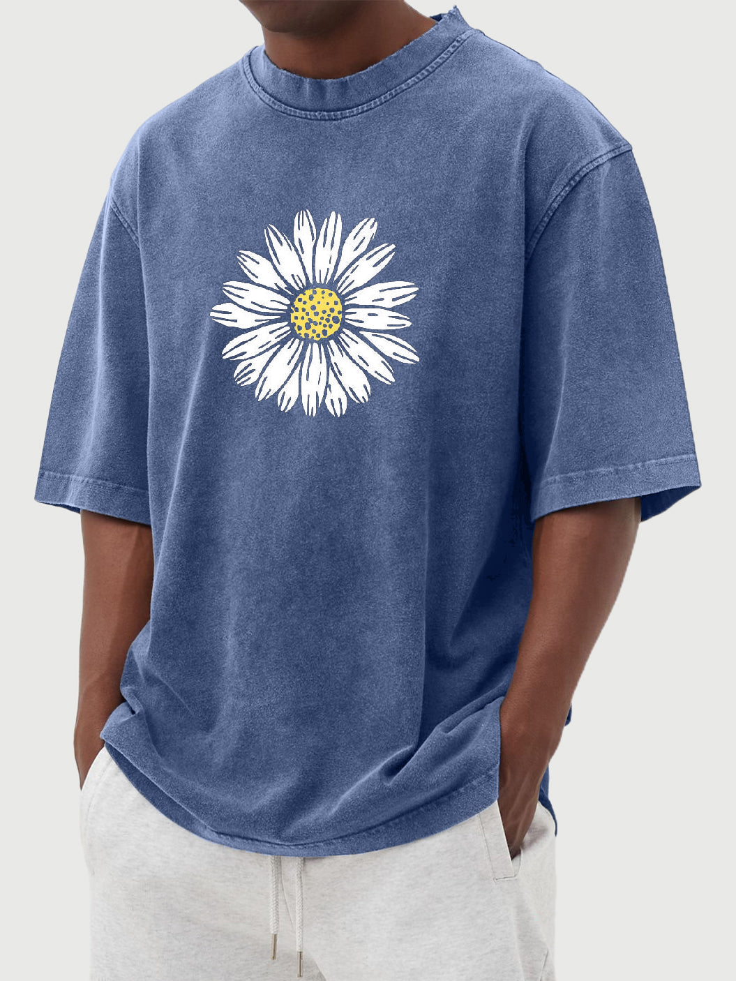 Daisy Print 230g 100% Cotton Washed And Distressed Short-sleeved T-shirt