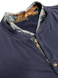 Men's Double Collar Patchwork Stand Collar Cotton Long Sleeve Henley Shirt