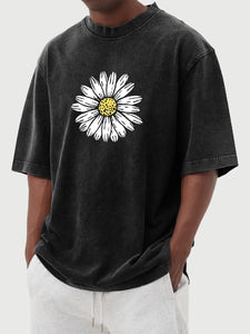 Daisy Print 230g 100% Cotton Washed And Distressed Short-sleeved T-shirt