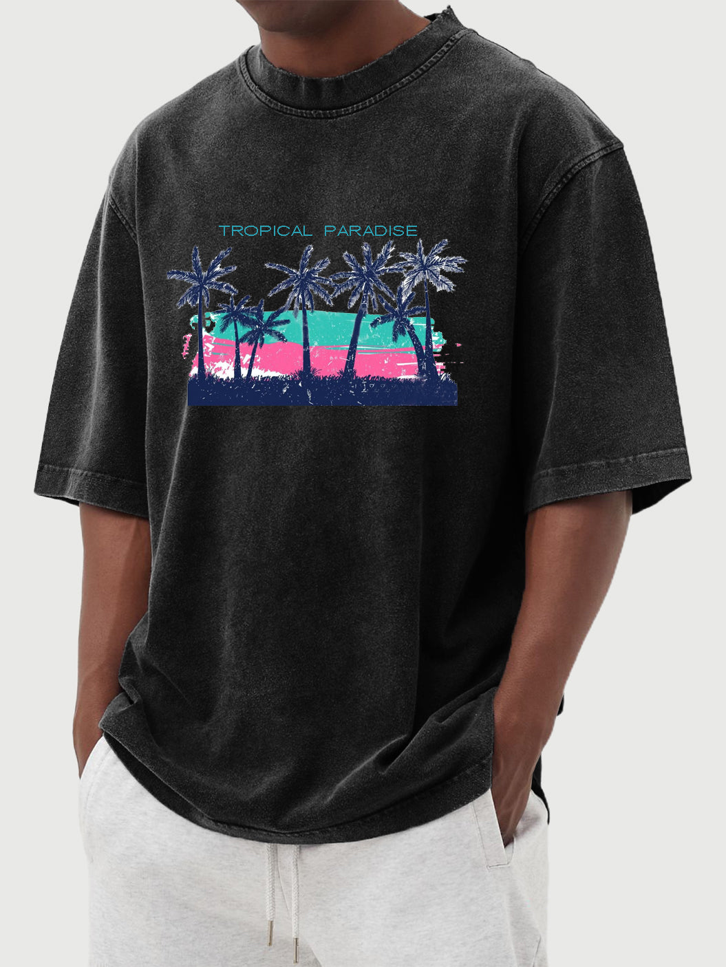 Tropical Palm Tree Print Washed And Distressed Cotton Short-sleeved T-shirt