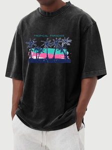 Tropical Palm Tree Print Washed And Distressed Cotton Short-sleeved T-shirt