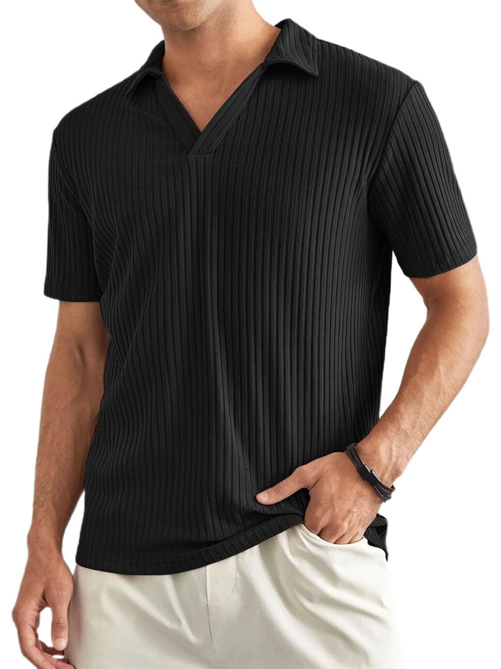 Men's V-neck Ribbed Knit Polo Shirt-Tomanvery