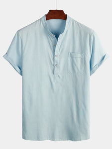 Men's Solid Color Stand Collar Half Button Pocket Front Linen & Cotton Shirt