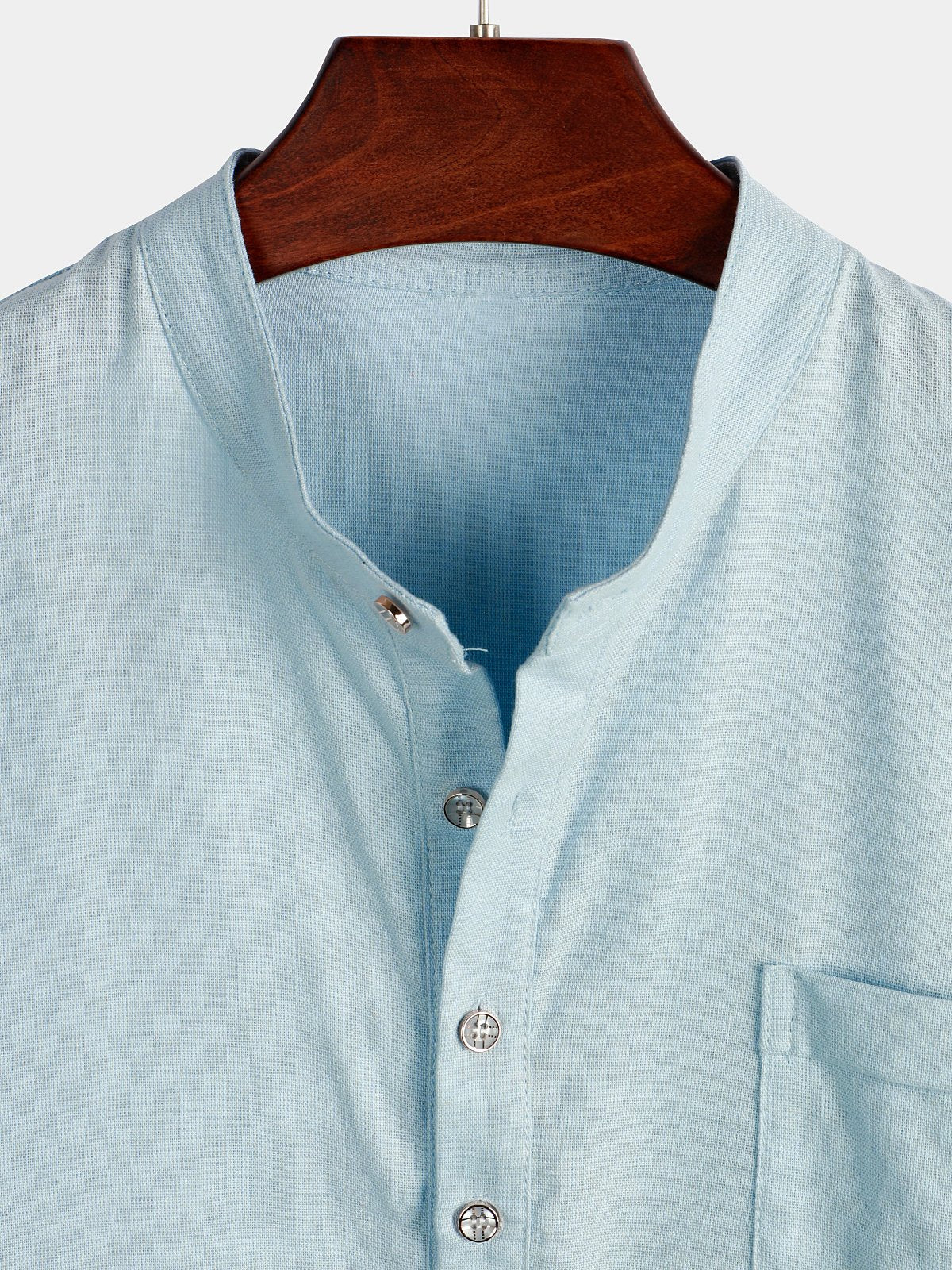 Men's Solid Color Stand Collar Half Button Pocket Front Linen & Cotton Shirt