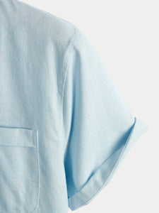 Men's Solid Color Stand Collar Half Button Pocket Front Linen & Cotton Shirt