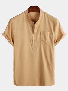 Men's Stand Collar Casual Solid Color Short Sleeve Shirt