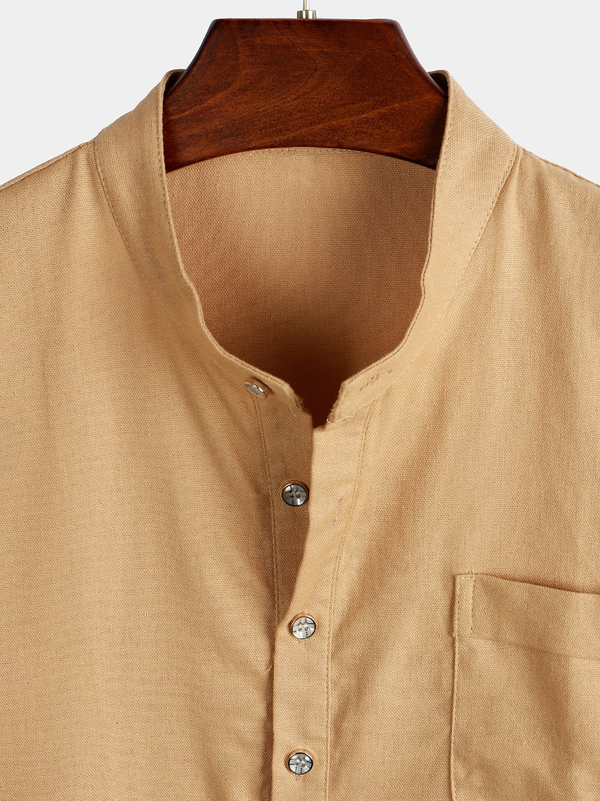 Men's Solid Color Stand Collar Half Button Pocket Front Linen & Cotton Shirt