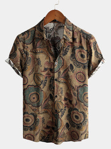 Men's Retro Casual Short Sleeve Cotton Brown Shirt