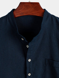 Men's Solid Color Stand Collar Half Button Pocket Front Linen & Cotton Shirt