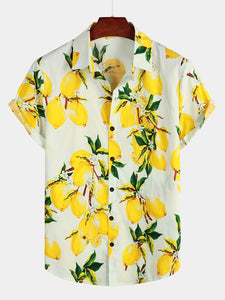 Men's Tropical Yellow Lemon Print Hawaiian Short Sleeve Shirt