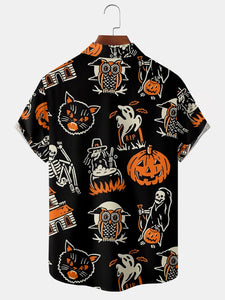 Halloween Retro Cat and Witch Print Casual Breathable Short Sleeve Shirt