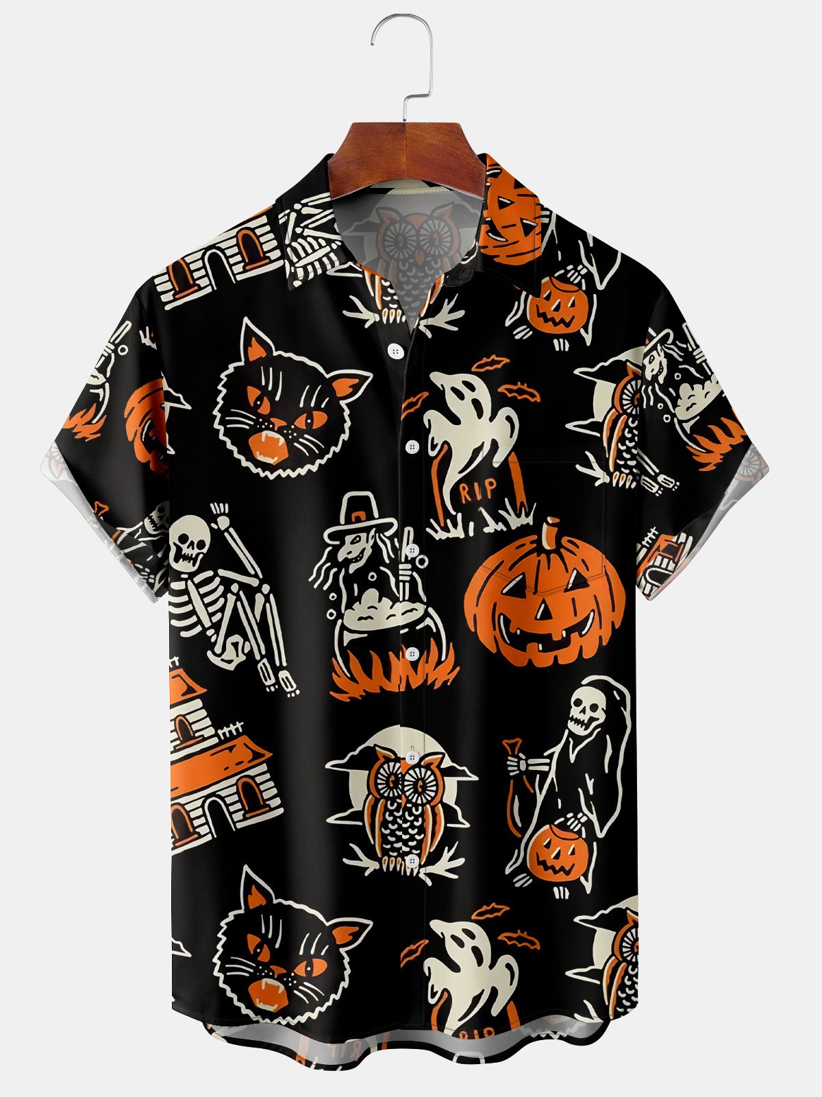 Halloween Retro Cat and Witch Print Casual Breathable Short Sleeve Shirt