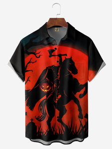 Halloween Headless Horseman Chest Pocket Short Sleeve Casual Shirt