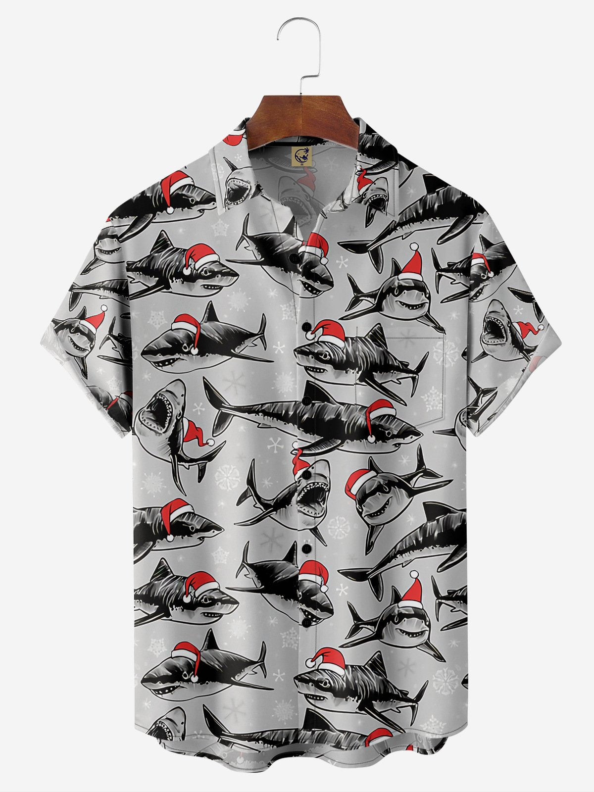 Christmas Shark Chest Pocket Short Sleeve Shirt