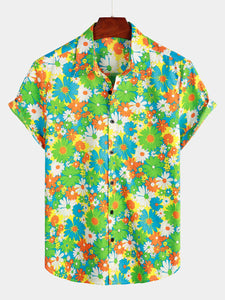 Men's Green Floral Cotton Tropical Hawaiian Shirt